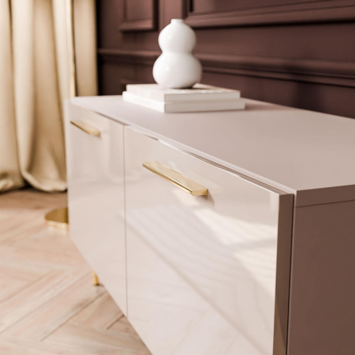 TV-ELEMENT AURA 100 KASCHMIR Hochglanz auf geraden goldenen Beinen - Kaschmir/Schwarz, Holzwerkstoff (100/50/40cm) - Lookway