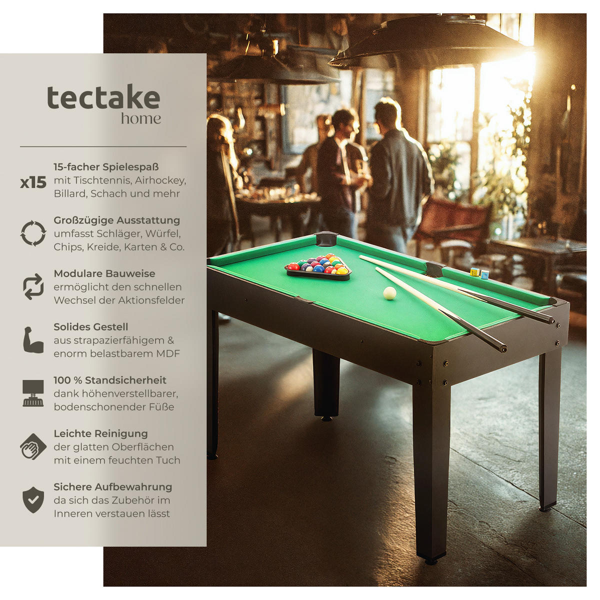 MULTIFUNKTIONALER SPIELTISCH Sirgamealot,125 x 123 x 83 cm,schwarz/grün - Schwarz/Grün, Holz (125/123cm) - tectake