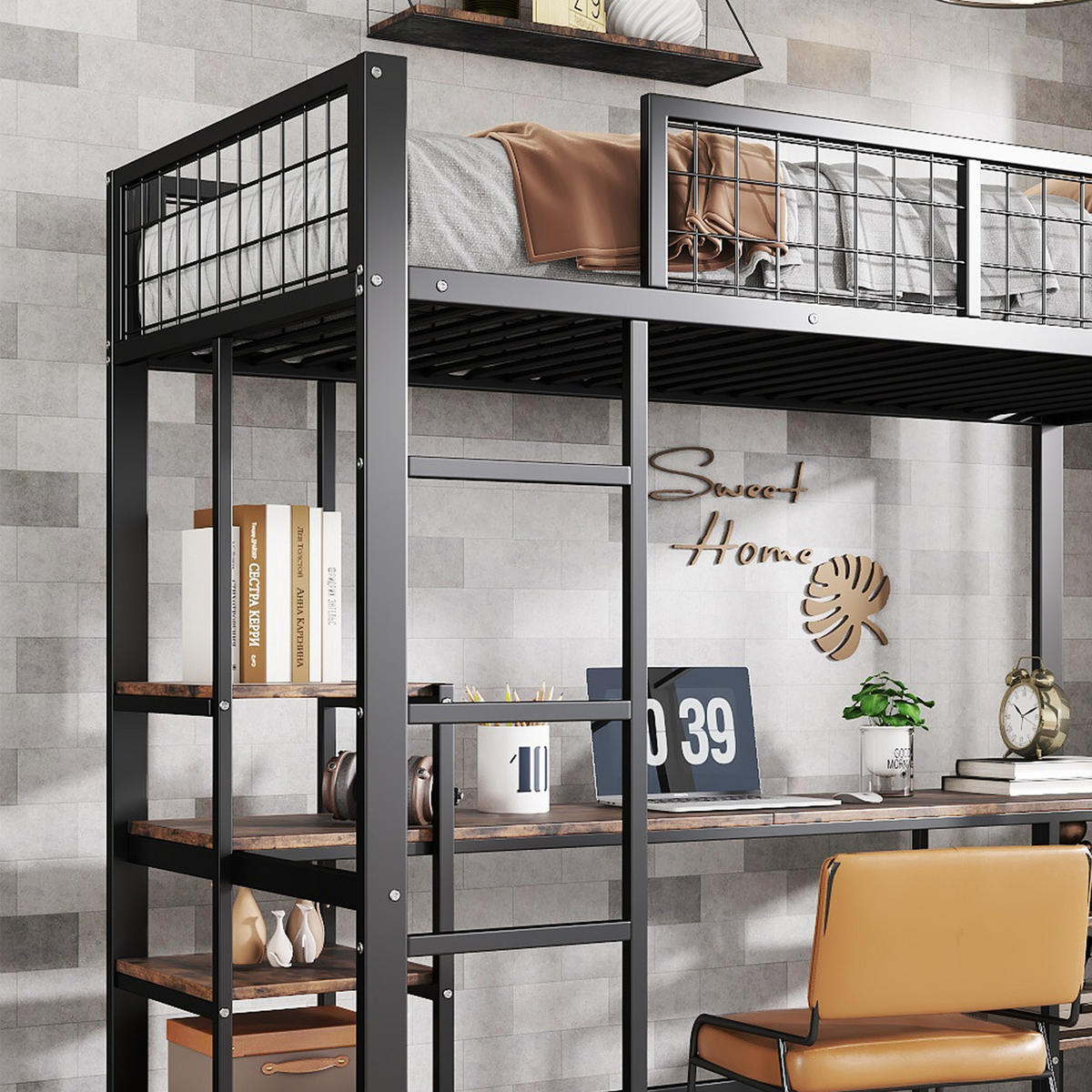 ETAGENBETT 90/200 cm in Schwarz & Dunkler Holzfarbe mit Tisch und Regal aus Metall & Holzwerkstoff - Schwarz, Holzwerkstoff/Metall (90/200cm) - CHICFURN