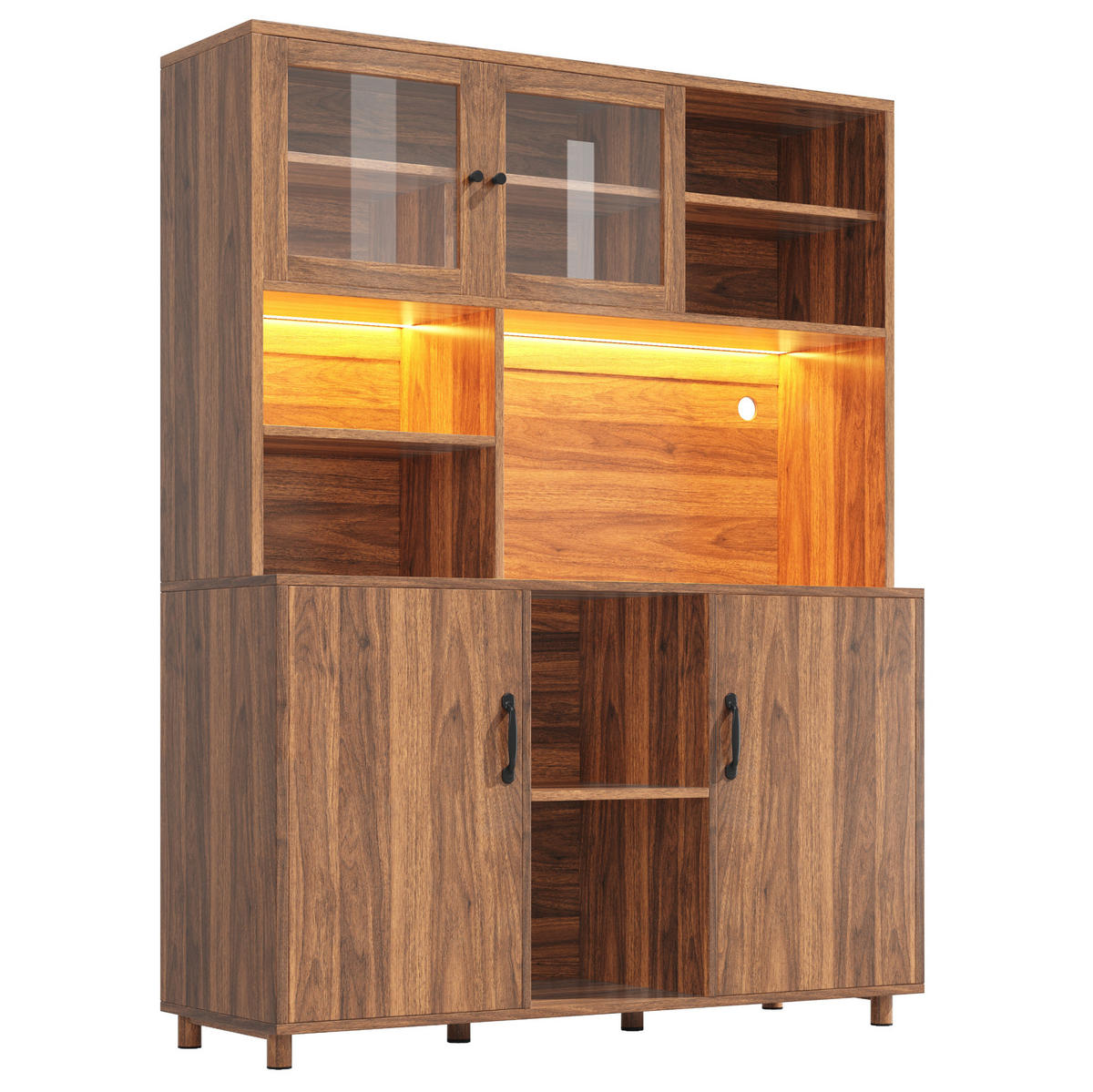 ANRICHTE 140/40/185 cm in Walnussfarben mit LED-Beleuchtung und Glastüren - Braun, Glas (140/185/40cm) - Flora Grace