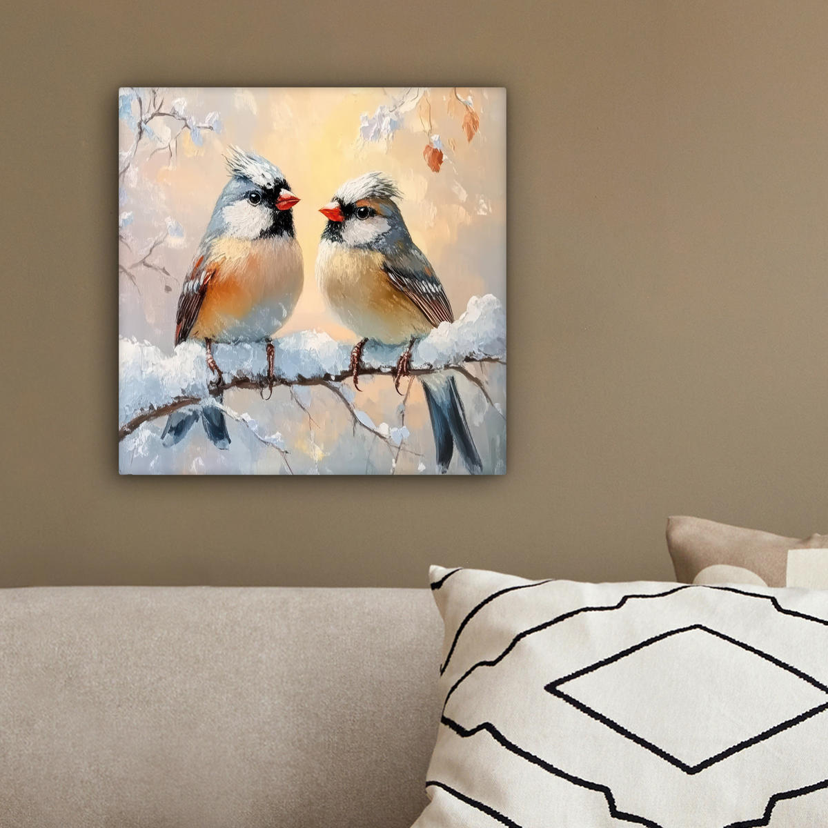 LEINWANDBILD Vögel - Zweig - Winter - Schnee 20x20 cm - Pastellblau, Textil (20/20cm) - MuchoWow