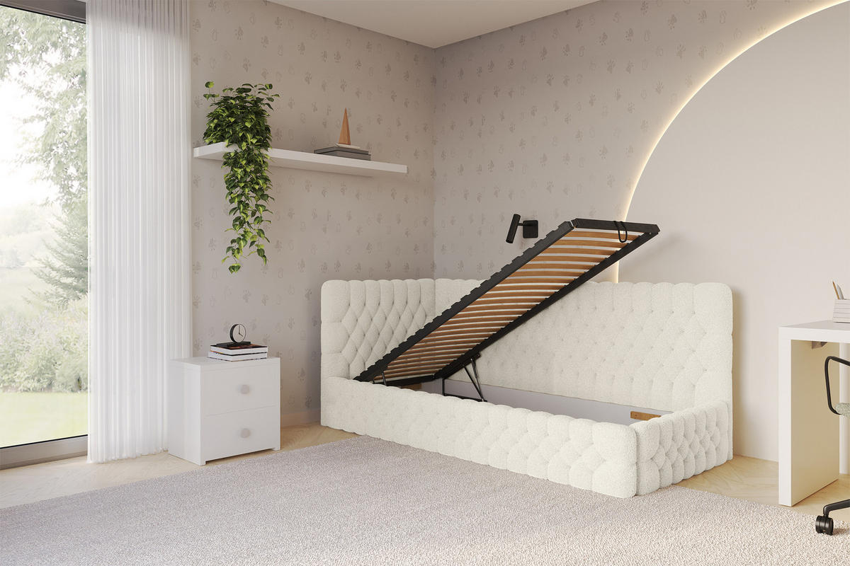 EINZELLBETT Jugendbett mit Bettkasten und Matratze H3/H4, Rechts - MULY 100x200 Beige - Perlmutt, Holzwerkstoff/Textil (100/200cm) - ALTDECOR
