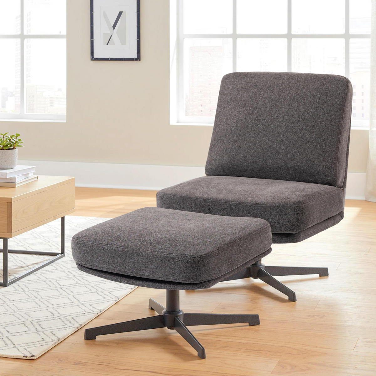 SESSEL mit Hocker Drehbar Loungesessel mit Leinenoptik für Wohnzimmer Dunkelgrau - Dunkelgrau/Schwarz, Textil/Metall (68/93/91cm) - HOMCOM