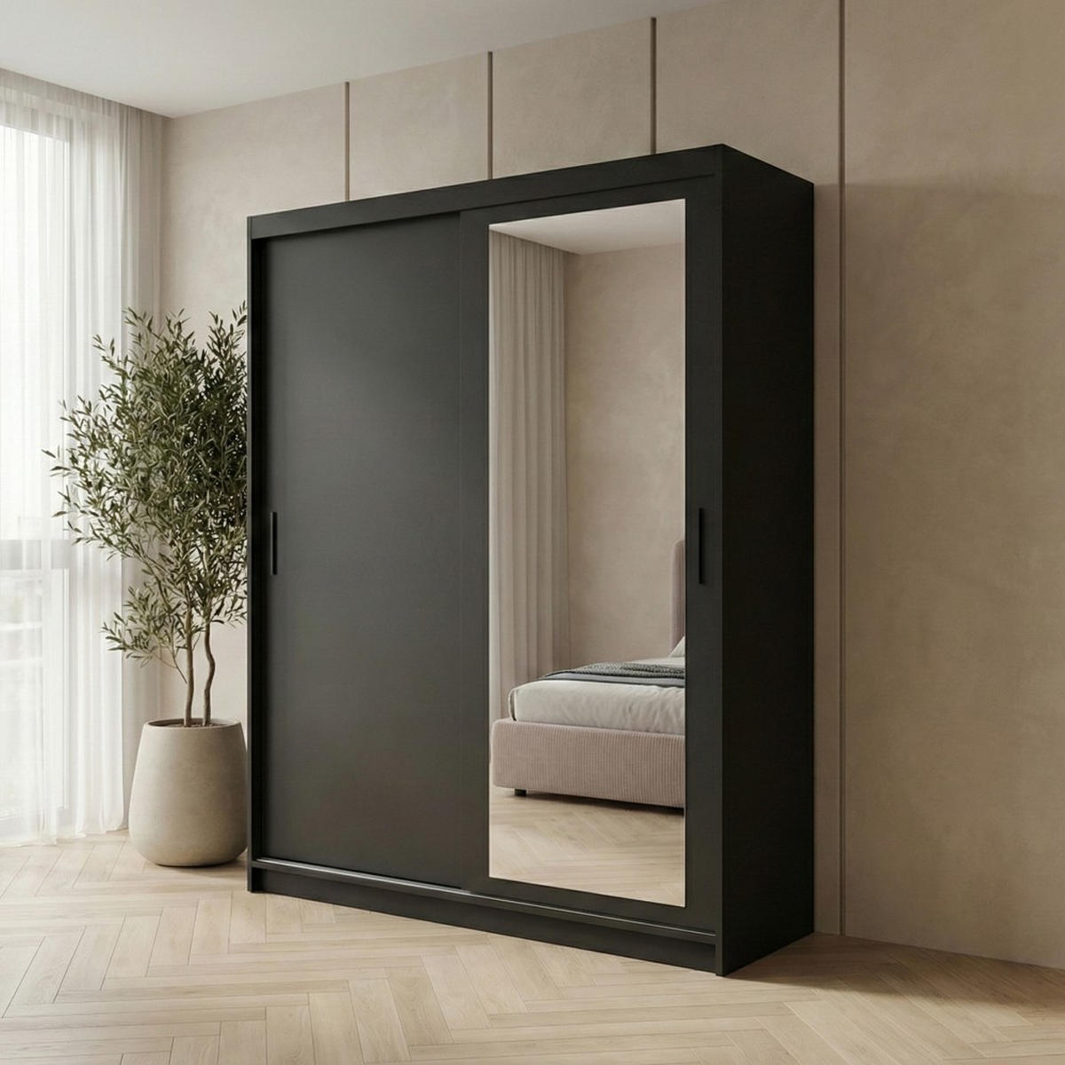 SCHWEBETÜRENSCHRANK Hela 160/205/60 2-türig schwarz mit Schubladen - Schwarz, Holzwerkstoff (160/205/60cm) - Beautysofa