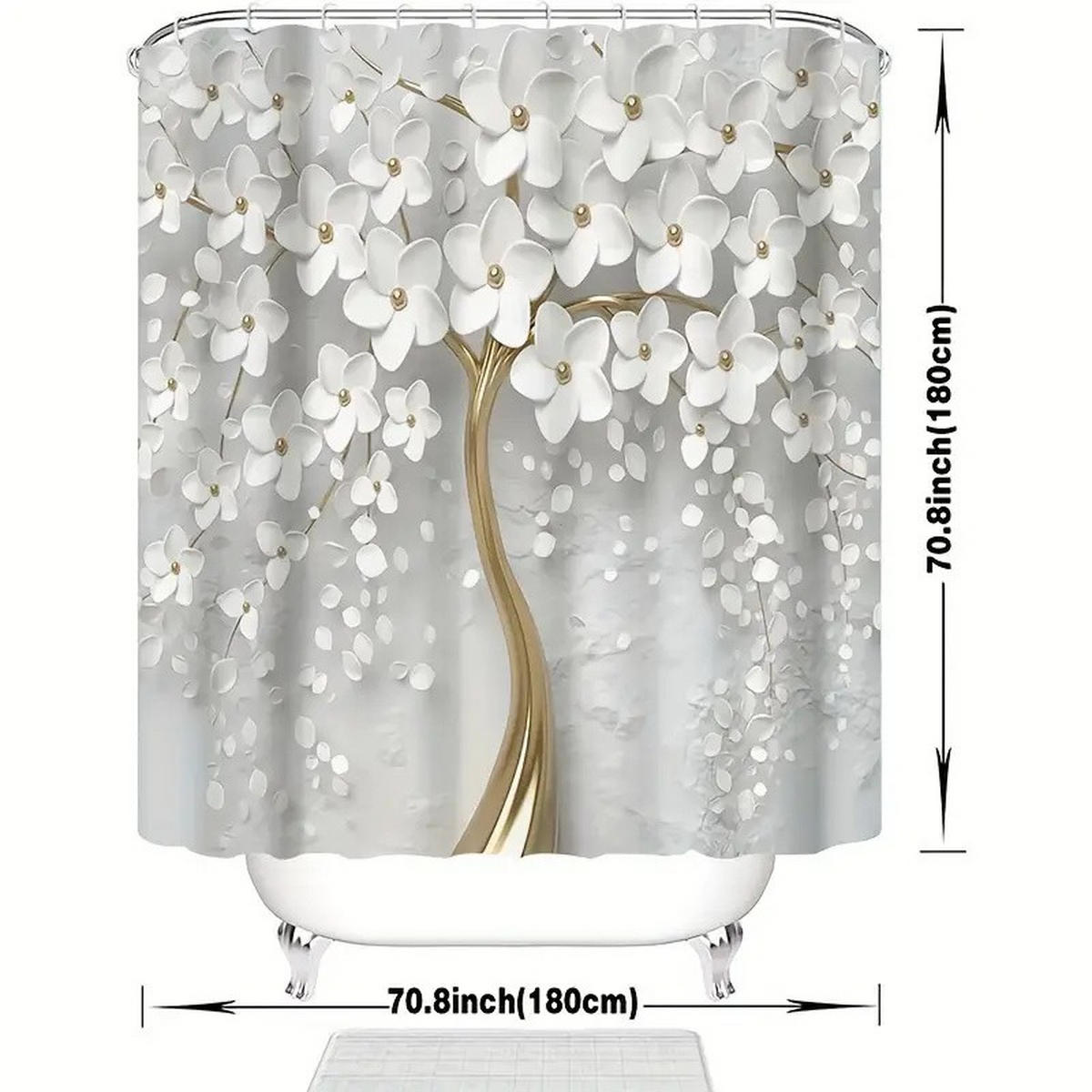 DUSCHVORHANG Weiß floral Blumen Muster mit Haken ideal für Dekoration Badezimmer - Weiß, Textil (180/180cm) - MCBOSON