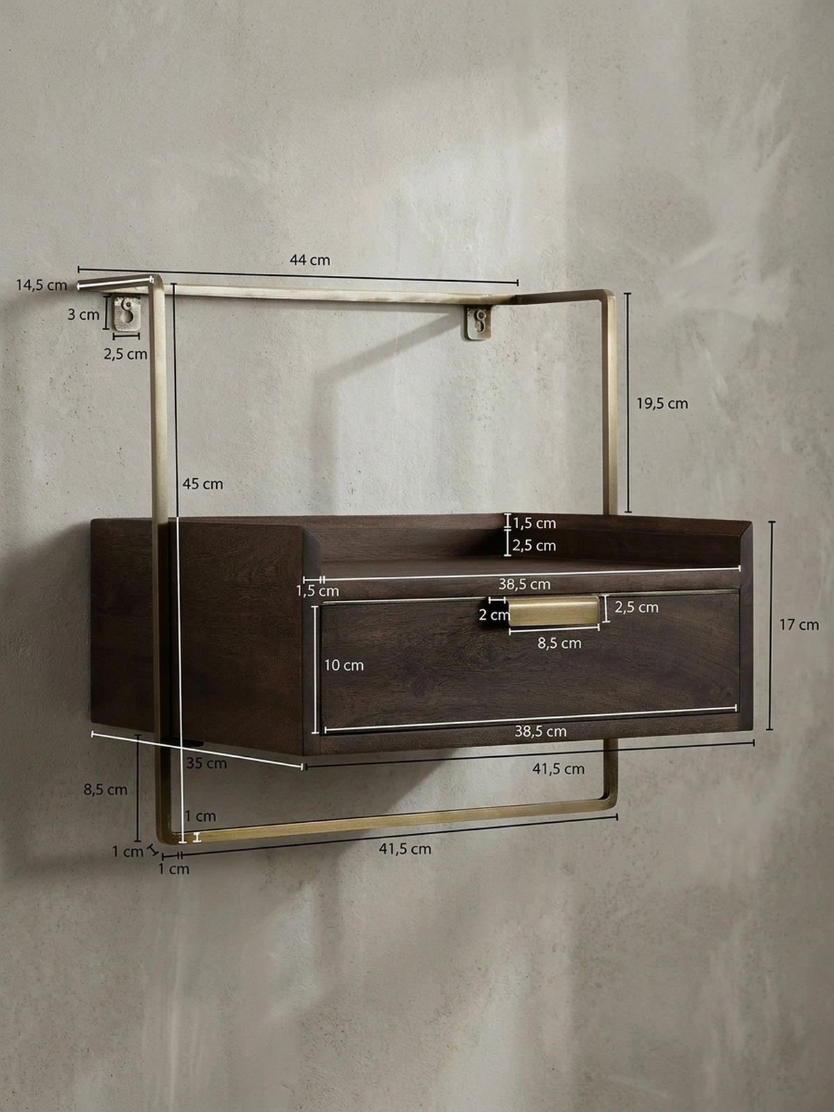 NACHTTISCH Mango Massivholz Wandmontage Schublade Boxspringbett, Braun 44x35x45 cm - Goldfarben/Braun, Holz/Metall (44/45/35cm) - KADIMA DESIGN