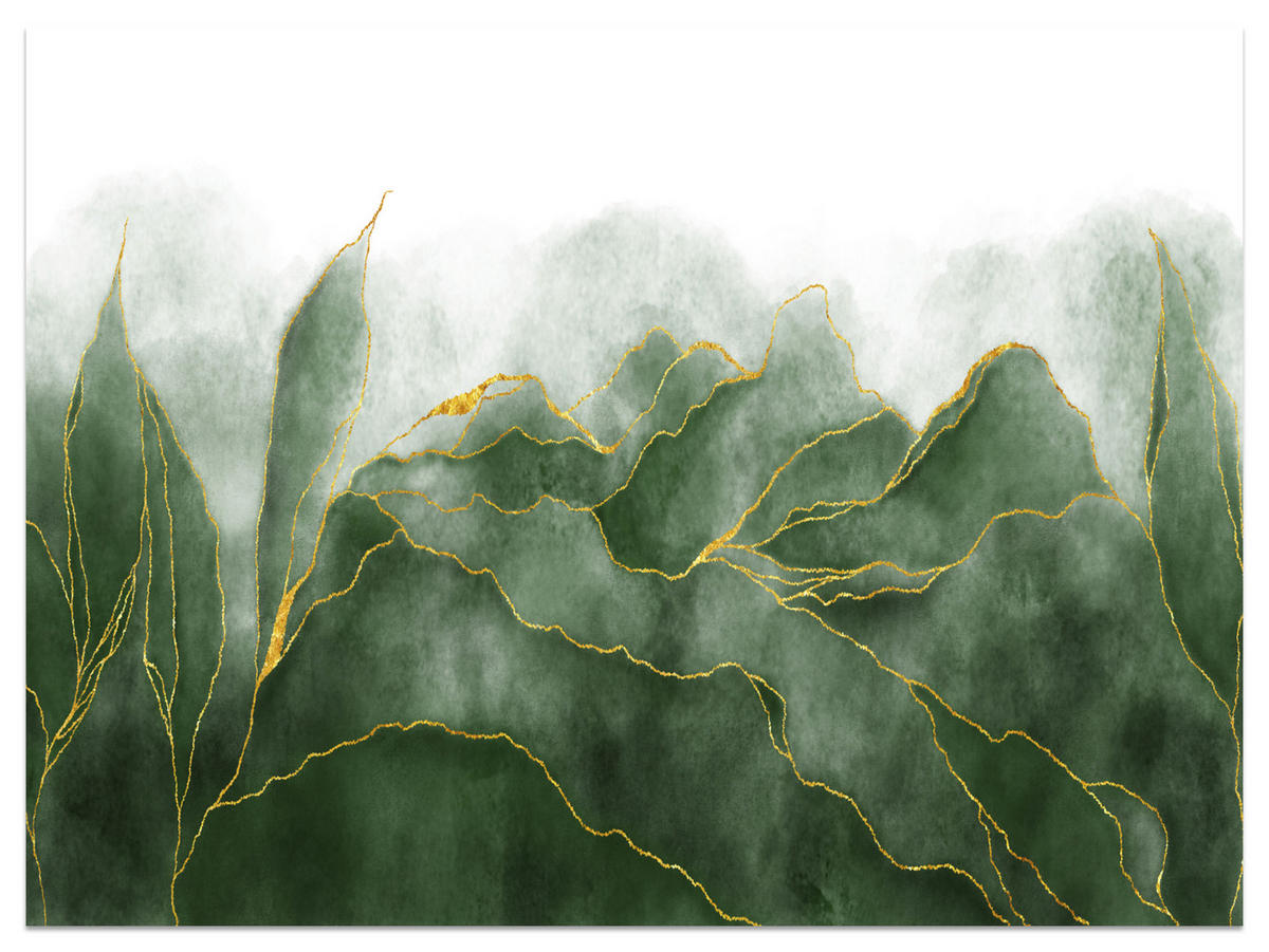 FOTOTAPETE für Schlafzimmer Abstrakte Grüne Aqwarell Blätter Glamour 200x140 - Gelb/Grau, Papier (200/140cm) - Muralo