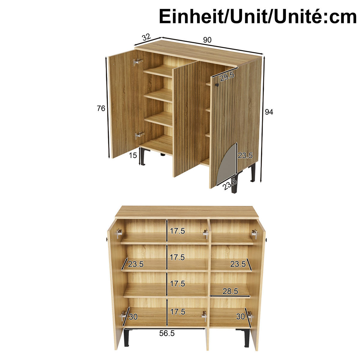 SCHUHSCHRANK 90/32/94 cm Holzfarbe aus PB mit 3 Türen und Ablage - Naturfarben, Holzwerkstoff (90/94/32cm) - OKWISH