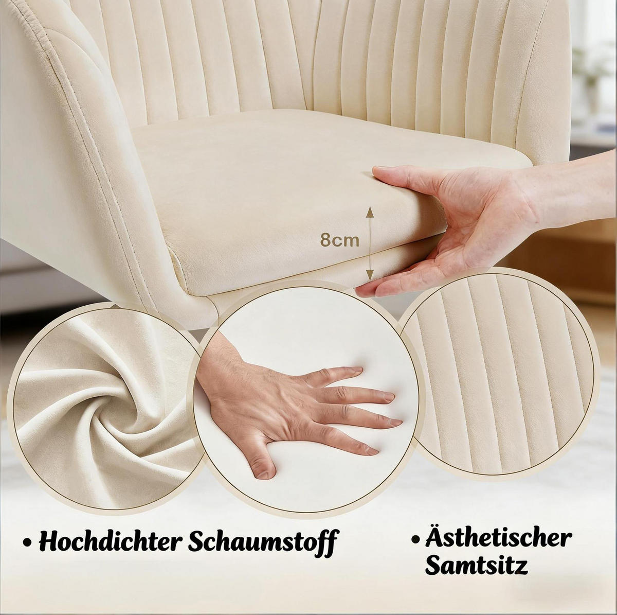 BÜROSTUHL höhenverstellbar drehbar 58 x 58,5 cm Samt Cremeweiß - Weiß, Metall (40/87/56cm) - Meubliv