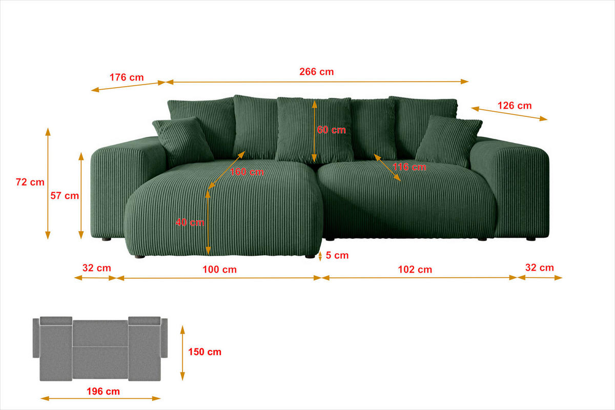 ECKSOFA Ottomane links ESKAR-L 266x176x72 Grün Cord - Schwarz/Grün, Holzwerkstoff/Kunststoff (266/176cm) - ALTDECOR