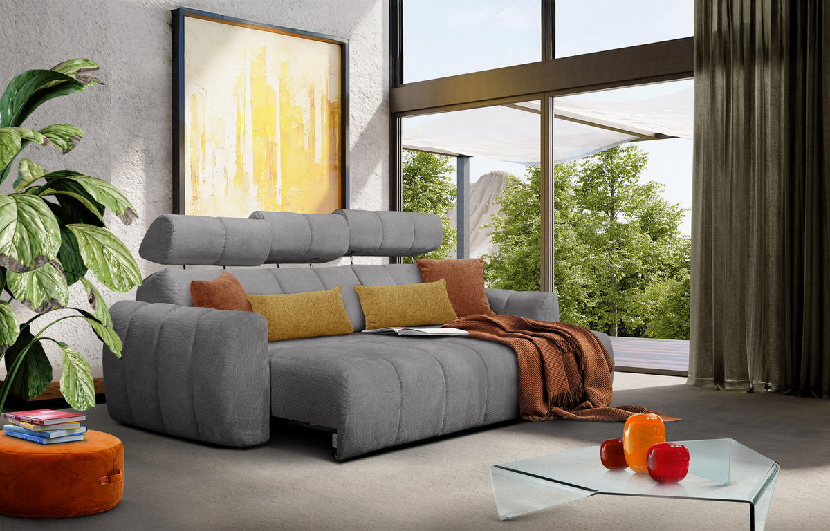 ECKSOFA KIMI 3-Sitzer, ausziehbarer Sitz, verstellbare Kopfstützen, grau - Schwarz/Grau, Holzwerkstoff/Textil (270/160cm) - Courtois Laville