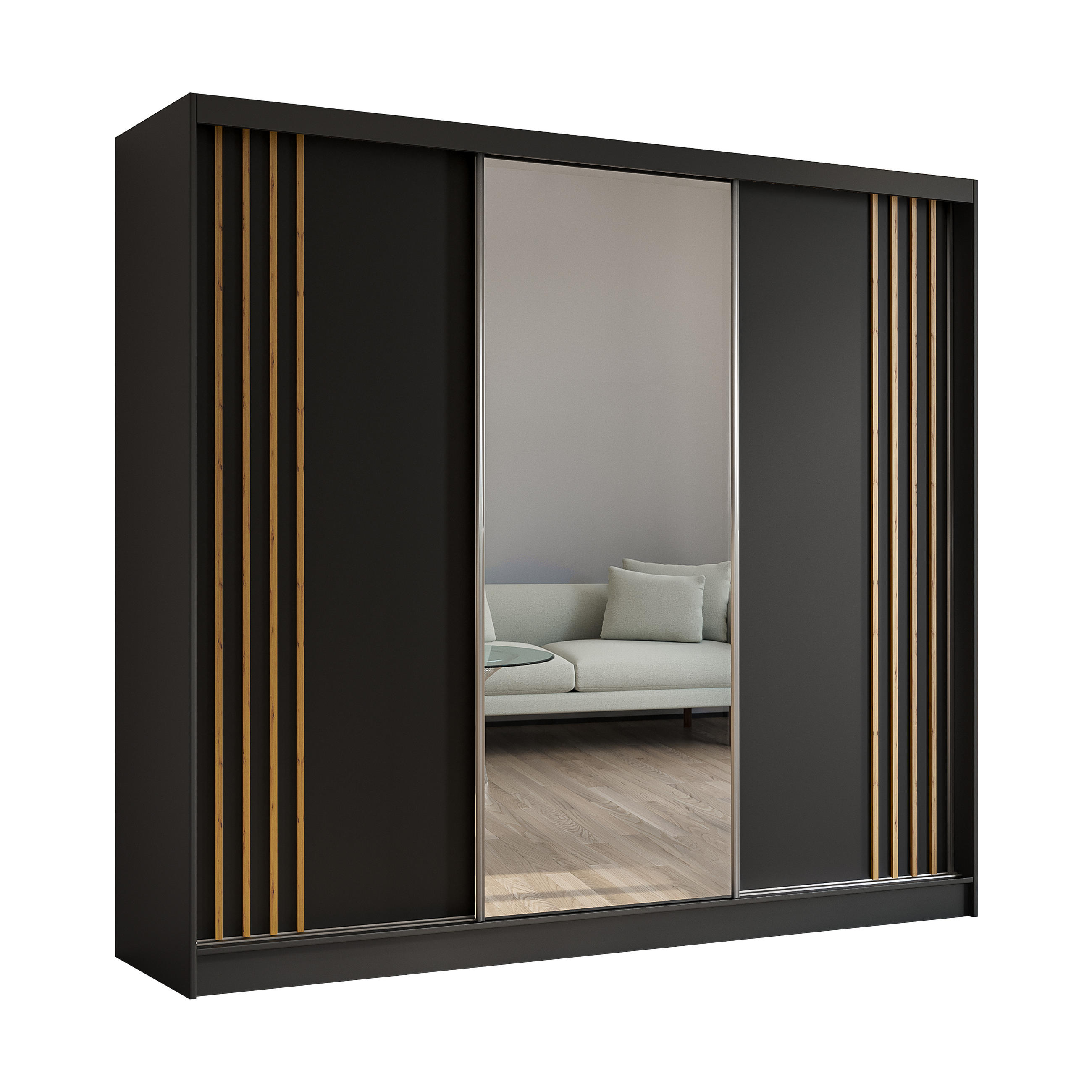 KLEIDERSCHRANK mit Spiegel-Schiebetüren und Aluminium-Leisten, LED-Beleuchtung - NALLA - 240 cm Schwarz+Schwarz+Artisan - Anthrazit/Eiche Artisan, Holzwerkstoff (240/216/61cm) - ALTDECOR