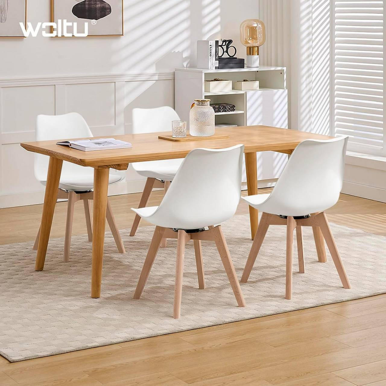 STUHL 4er Set, drehbar, Kunstleder, Massivholz, Weiß - Buchefarben/Weiß, Holz/Kunststoff (48/83/58.5cm) - Woltu