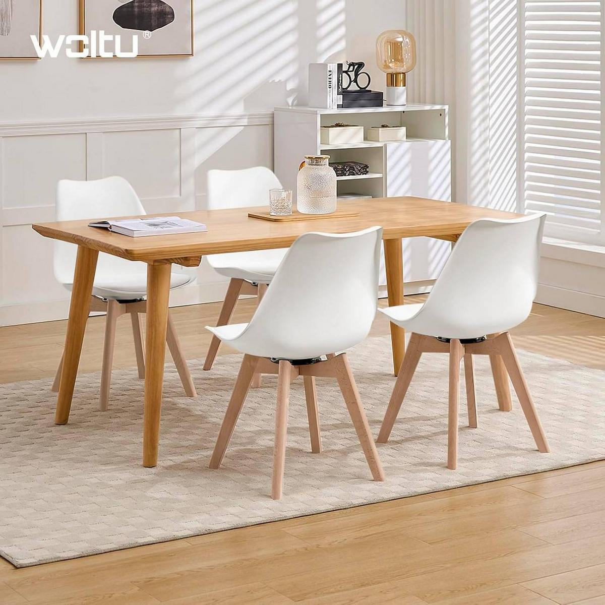 STUHL 2er Set, drehbar, Kunstleder, Massivholz, Weiß - Buchefarben/Weiß, Holz/Kunststoff (48/83/58.5cm) - Woltu