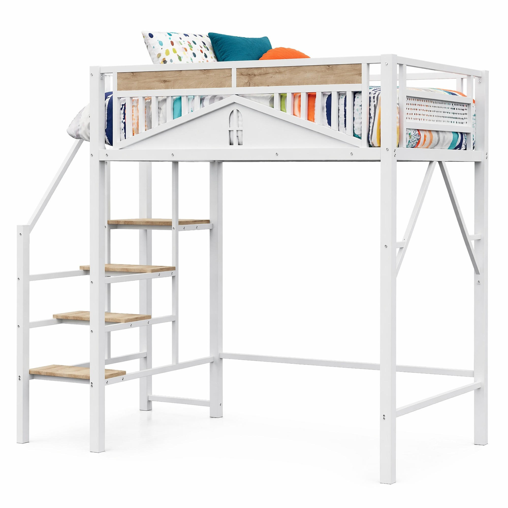 HOCHBETT 140/200 cm in Weiß mit Sicherheitsleiter und Fensterdesign aus Metall - Weiß, Holz/Holzwerkstoff (140/200cm) - CHICFURN
