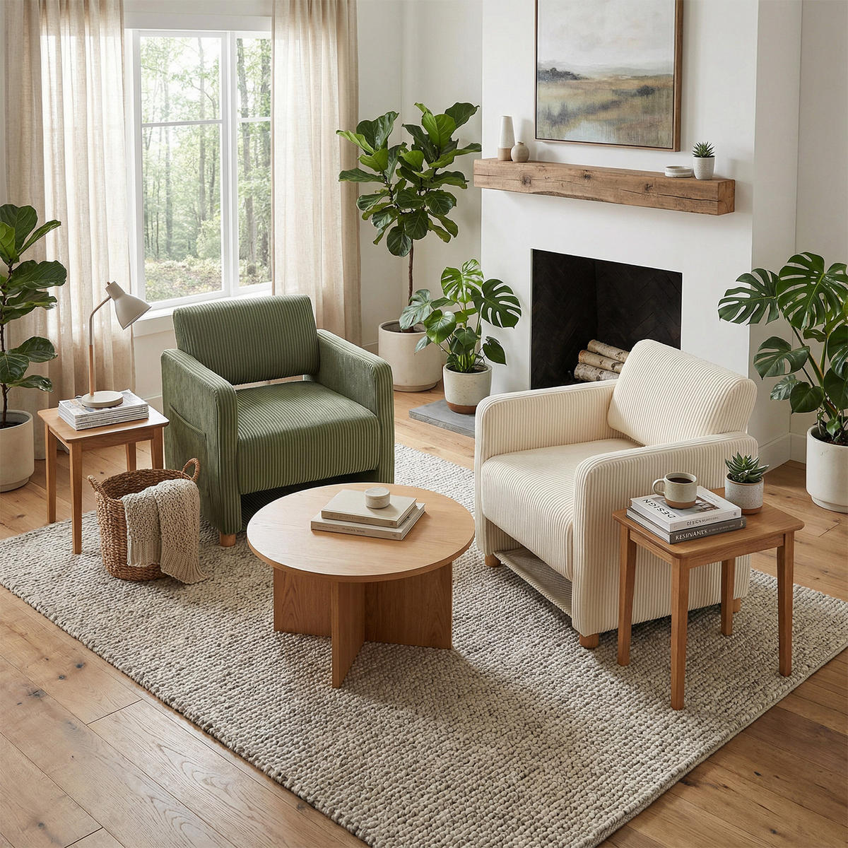 SESSEL, 2er-Set, mit Armlehnen, Cordbezug und Massivholzfüßen, Beige und Grün - Beige/Grün, Holz/Textil (66/76.5/73.5cm) - Meubles Cosy