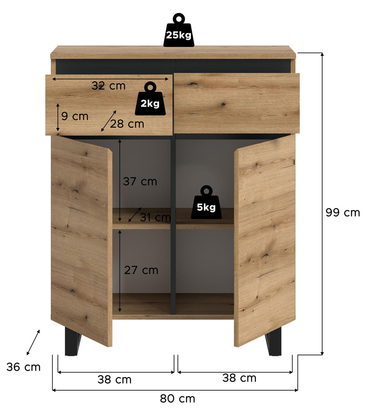 KOMMODE TOMASA (B/H/T: ca. 80/99/36 cm) in Evoke Oak Nachbildung/Evoke Oak Nachbildung - Eichefarben, Holzwerkstoff (80/99/36cm)