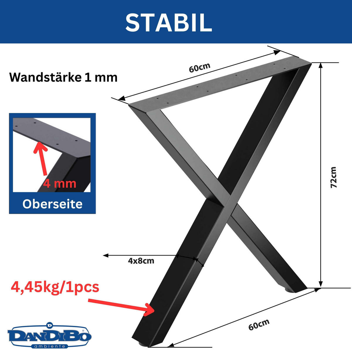 TISCHBEINE Metall Schwarz 60 x 72 cm Tischgestell Höhenverstellbar - Schwarz, Metall (60/72/8cm) - DanDiBo