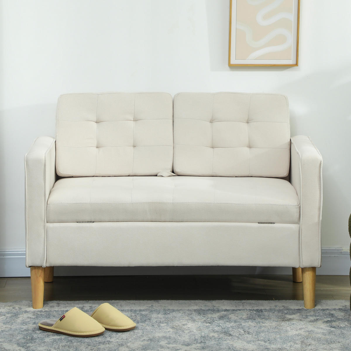 2 Sitzer Sofa, Couch mit Stauraum, Holzbeine, Gepolsterter Polstersofa, Cremeweiß - Eukalyptusholzfarben/Creme, Holz/Textil (62/78/117cm) - HOMCOM