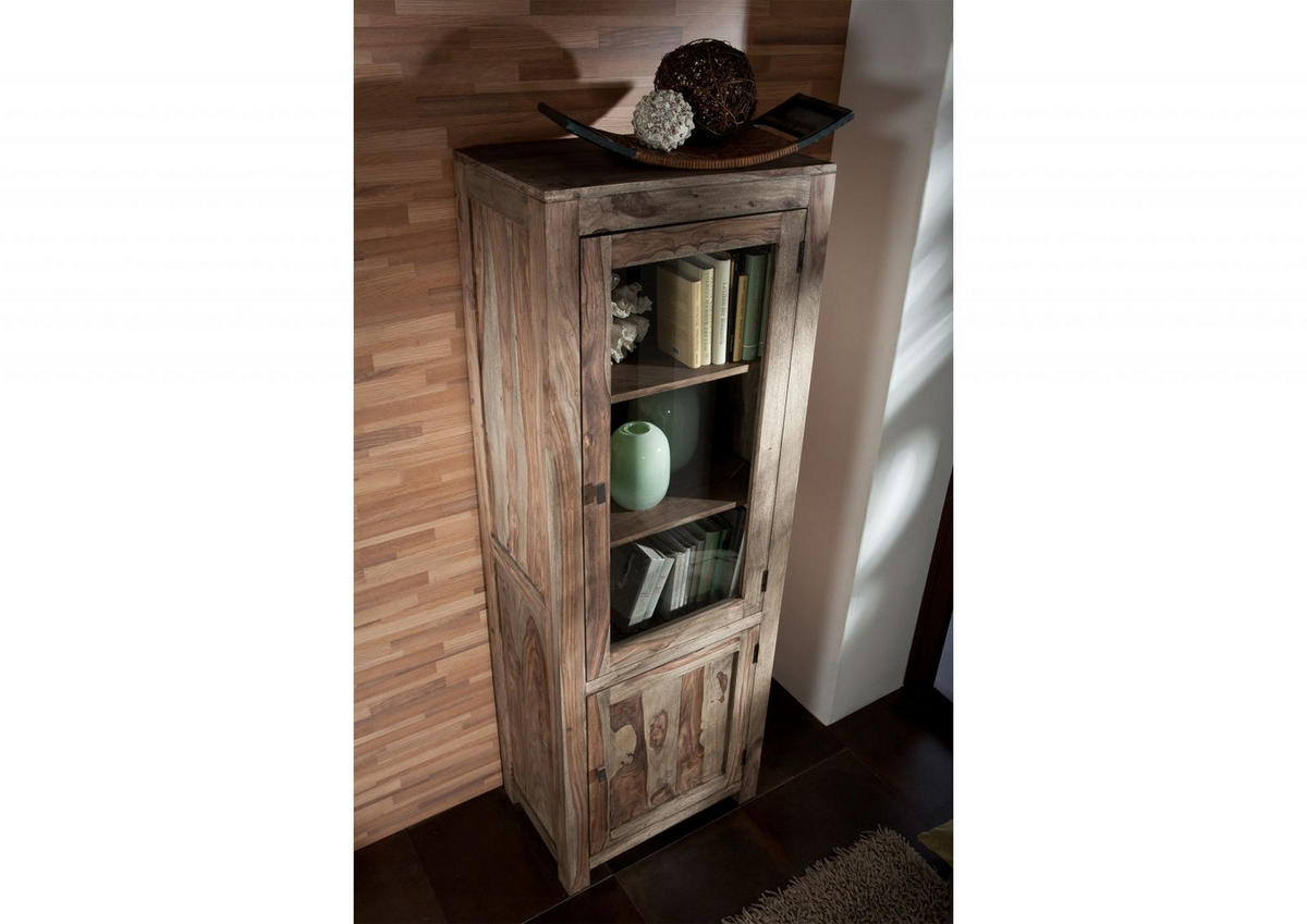 VITRINE Sheesham 65x42x190 grau geölt NATURE GREY #53 - Grau, Holz (65/190/42cm) - Massivmoebel24