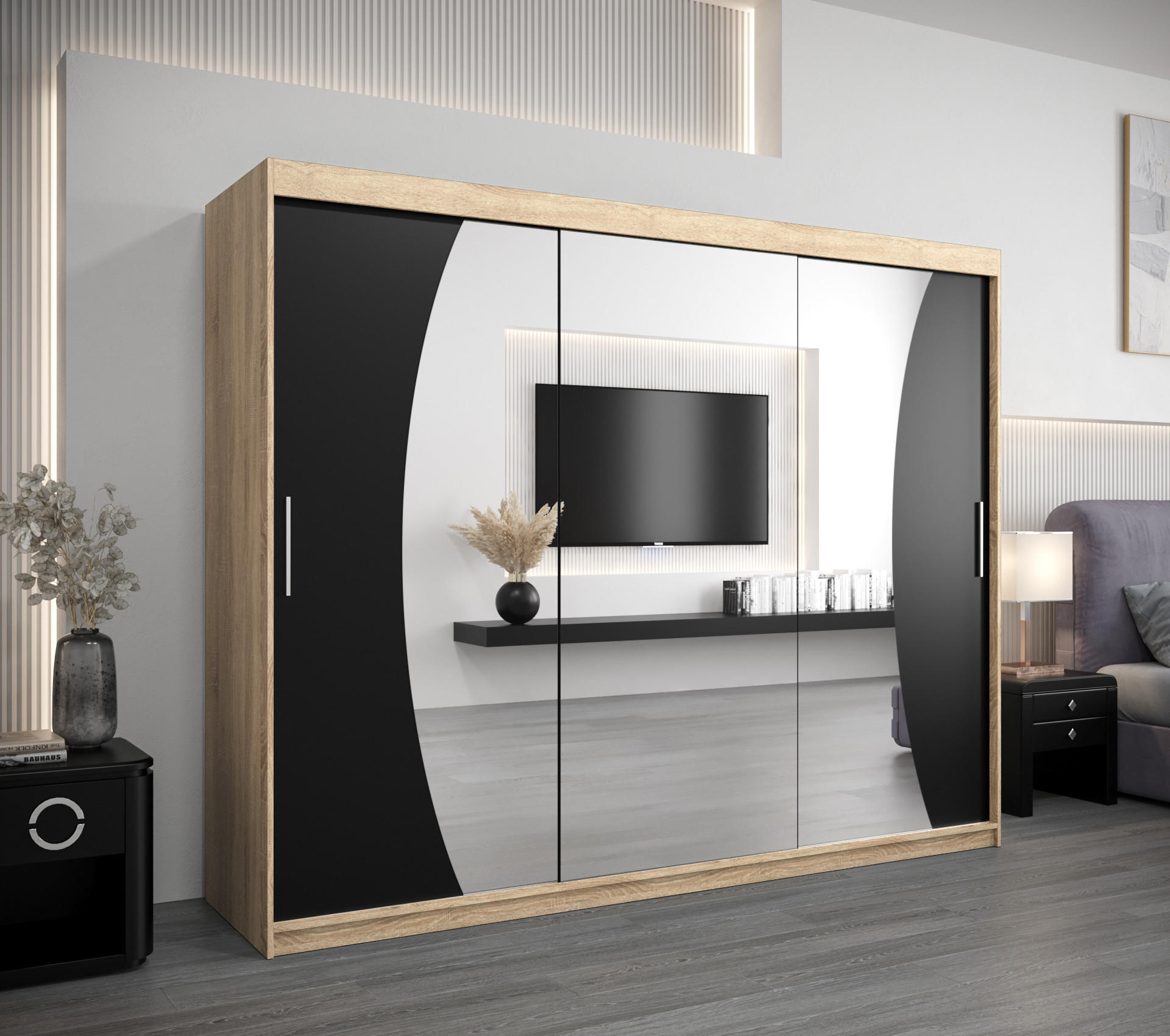 SCHWEBETÜRENSCHRANK 200/250/62 2-türig - Silberfarben/Schwarz, Holz/Kunststoff (250/200/62cm) - Abiks Möbel