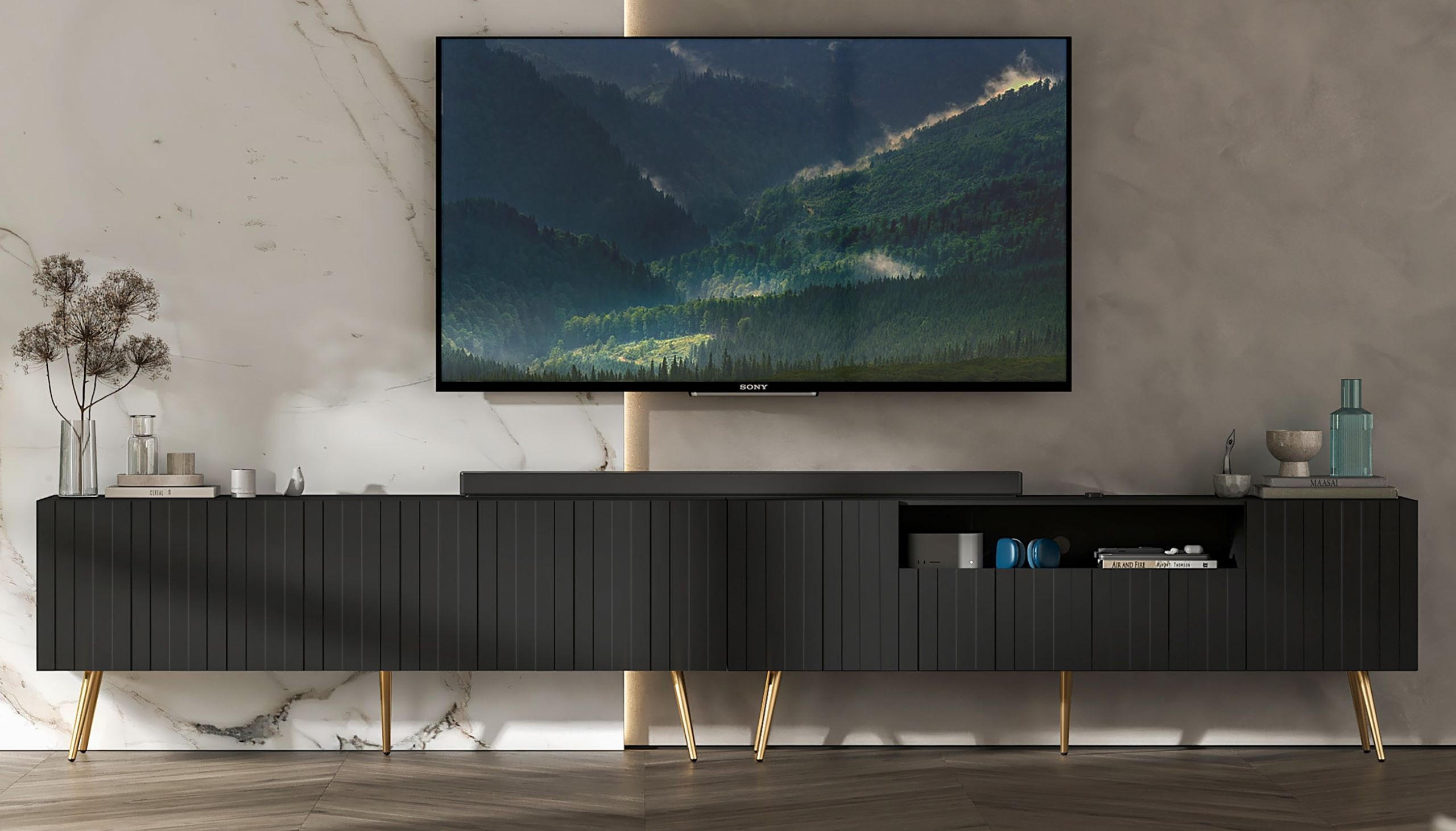 TV-LOWBOARD 2er-Set Elpis2 Schwarz matt mit goldenen Metallbeinen150 cm - Goldfarben/Schwarz, Holzwerkstoff (300/60.5/36.5cm) - Meble Lindner