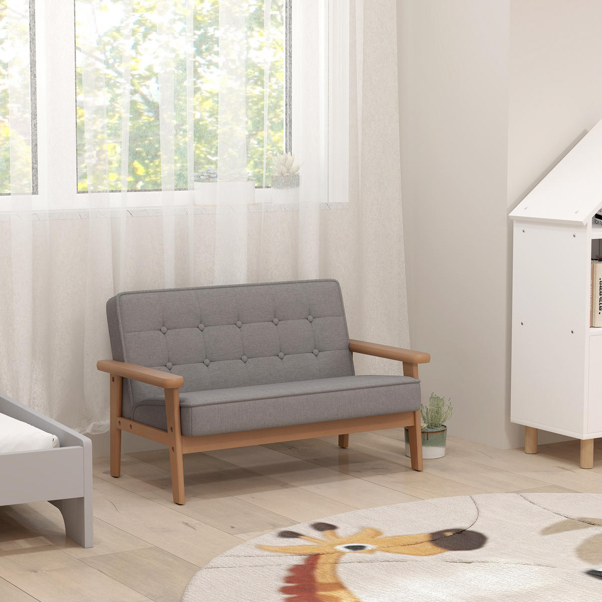 KINDERSESSEL, Kindersofa mit Holzrahmen, Samtoptik, gepolsterter Kinderstuhl - Naturfarben/Grau, Holz/Textil (42/48/77cm) - AIYAPLAY