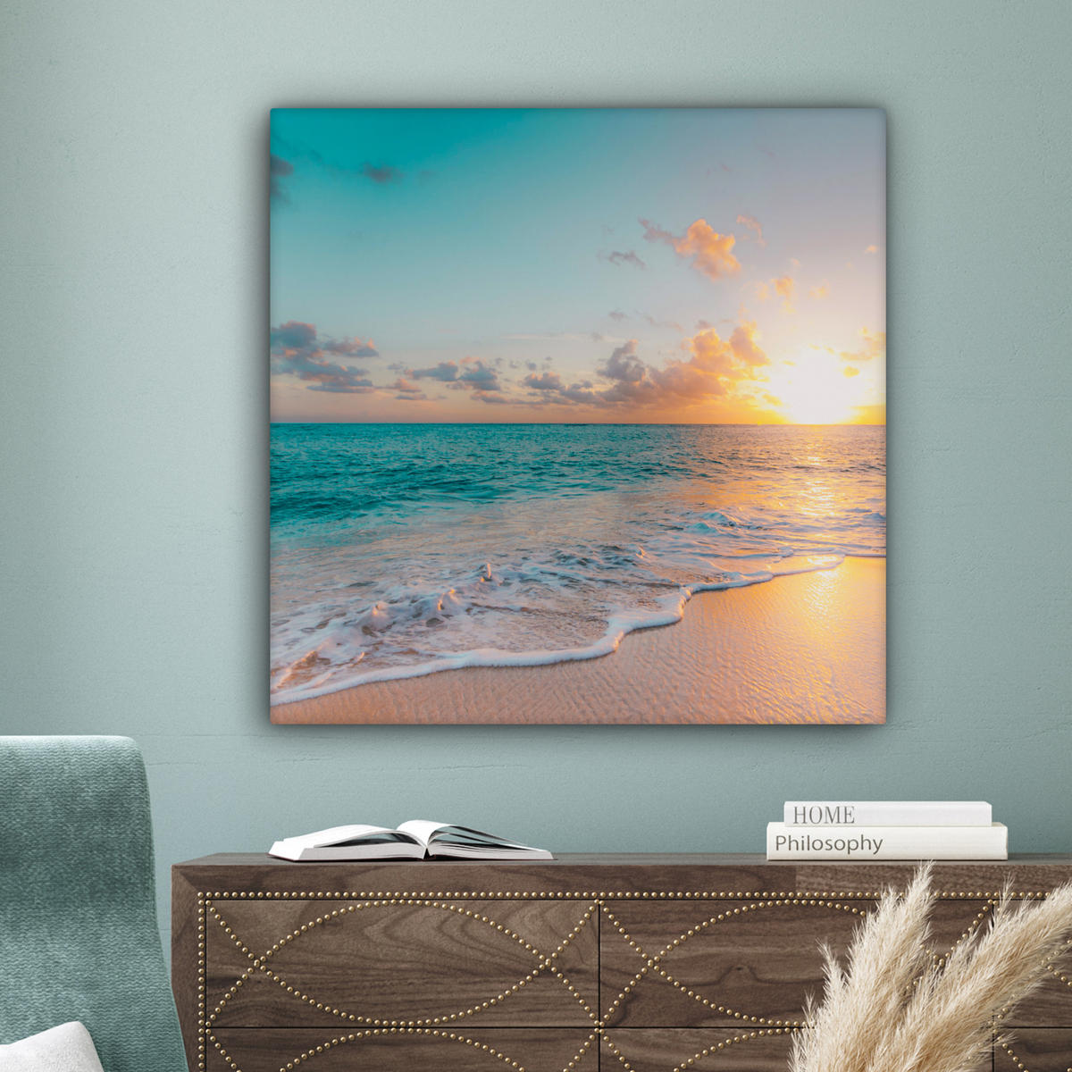 LEINWANDBILD - Sonnenuntergang - Strand - Meer - Sommer - Blau - 90x90 - Gemälde - Multicolor, Textil (90/90cm) - MuchoWow