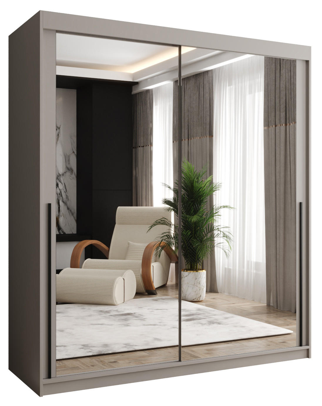 Home Collective ŠATNÍ SKŘÍŇ S POSUVNÝMI DVEŘMI se zrcadlem, šířka 180 cm, kašmírová s černým madlem