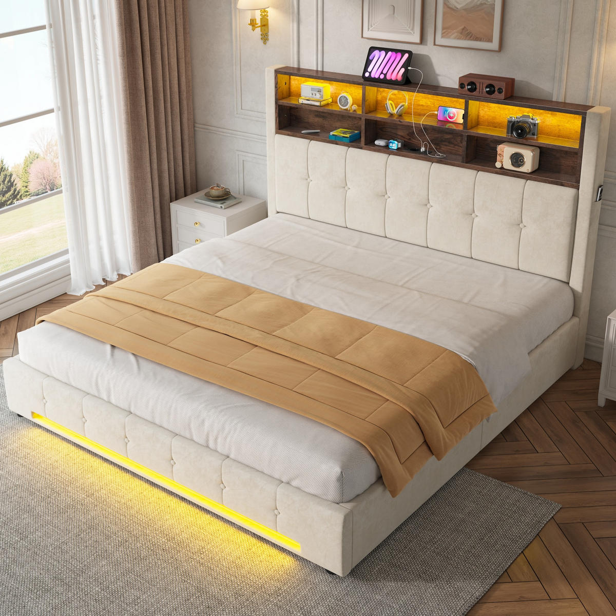 POLSTERBETT 180/200 cm in Beige mit 6 Fächern, Seitentaschen, USB-C, LED und Bettkasten aus Samt und Metall - Dunkelgrau, Holzwerkstoff/Textil - STILVORA