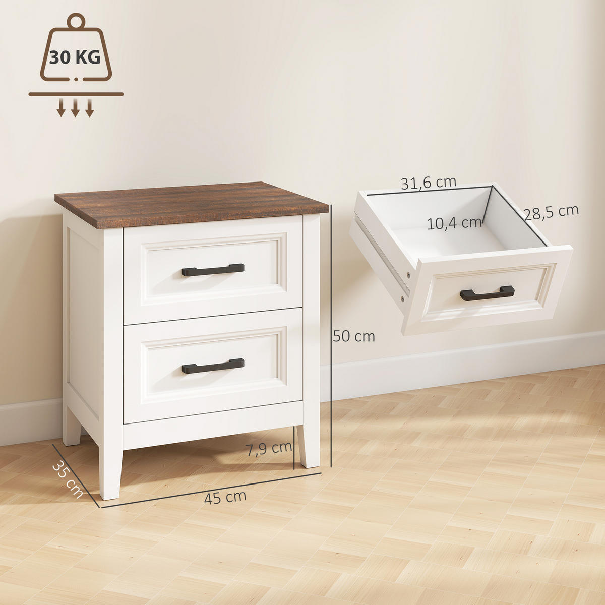 NACHTSCHRANK DE-12960 2 Schubladen, Landhausstil Weiß/Braun - Weiß, Holzwerkstoff (35/50/45cm) - ComfortXL
