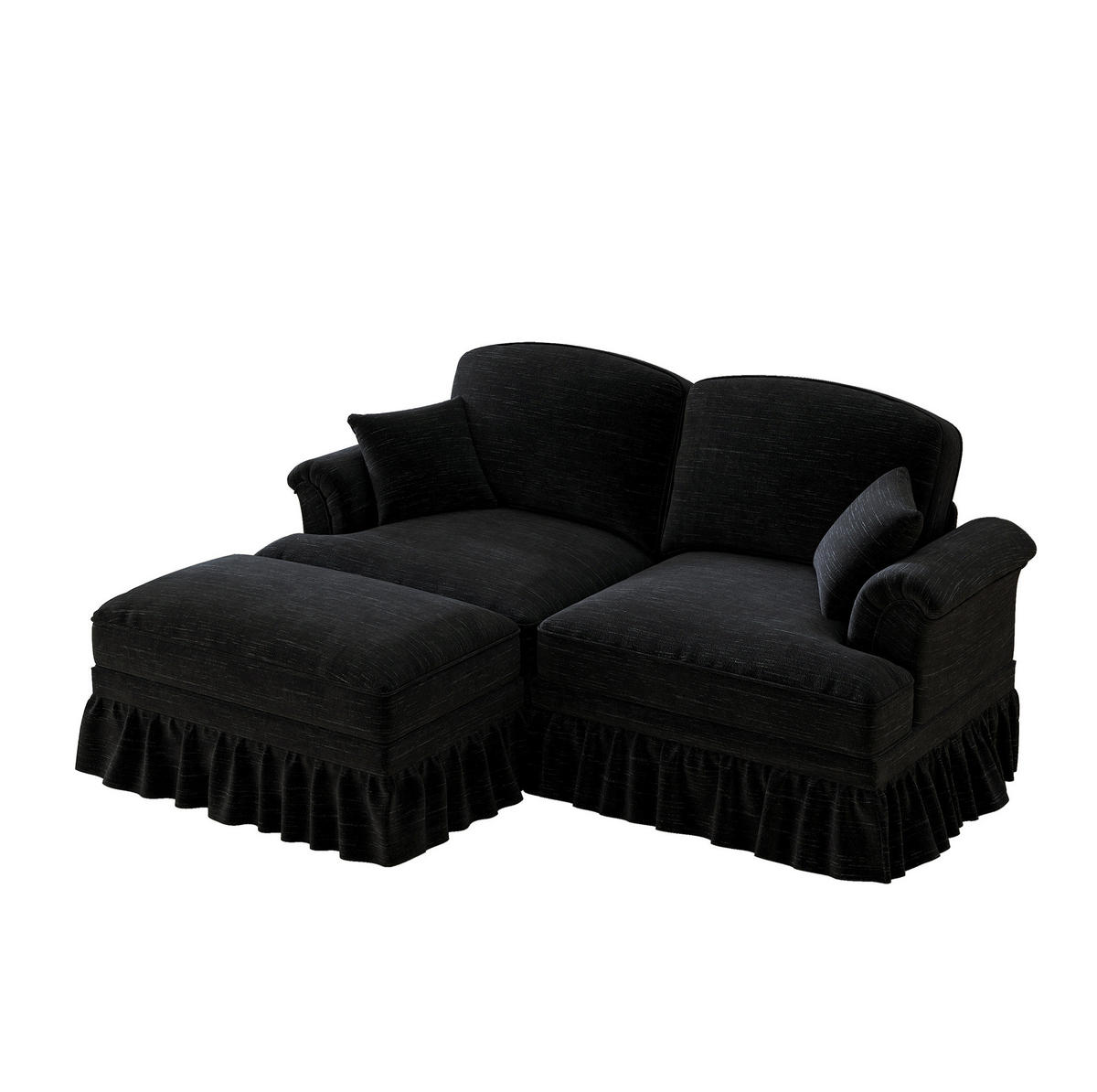 ECKSOFA 194/140/93 cm schwarz aus Chenille mit abnehmbarem Rüschenrock und beweglichem Hocker - Schwarz, Textil (140/194cm) - OKWISH
