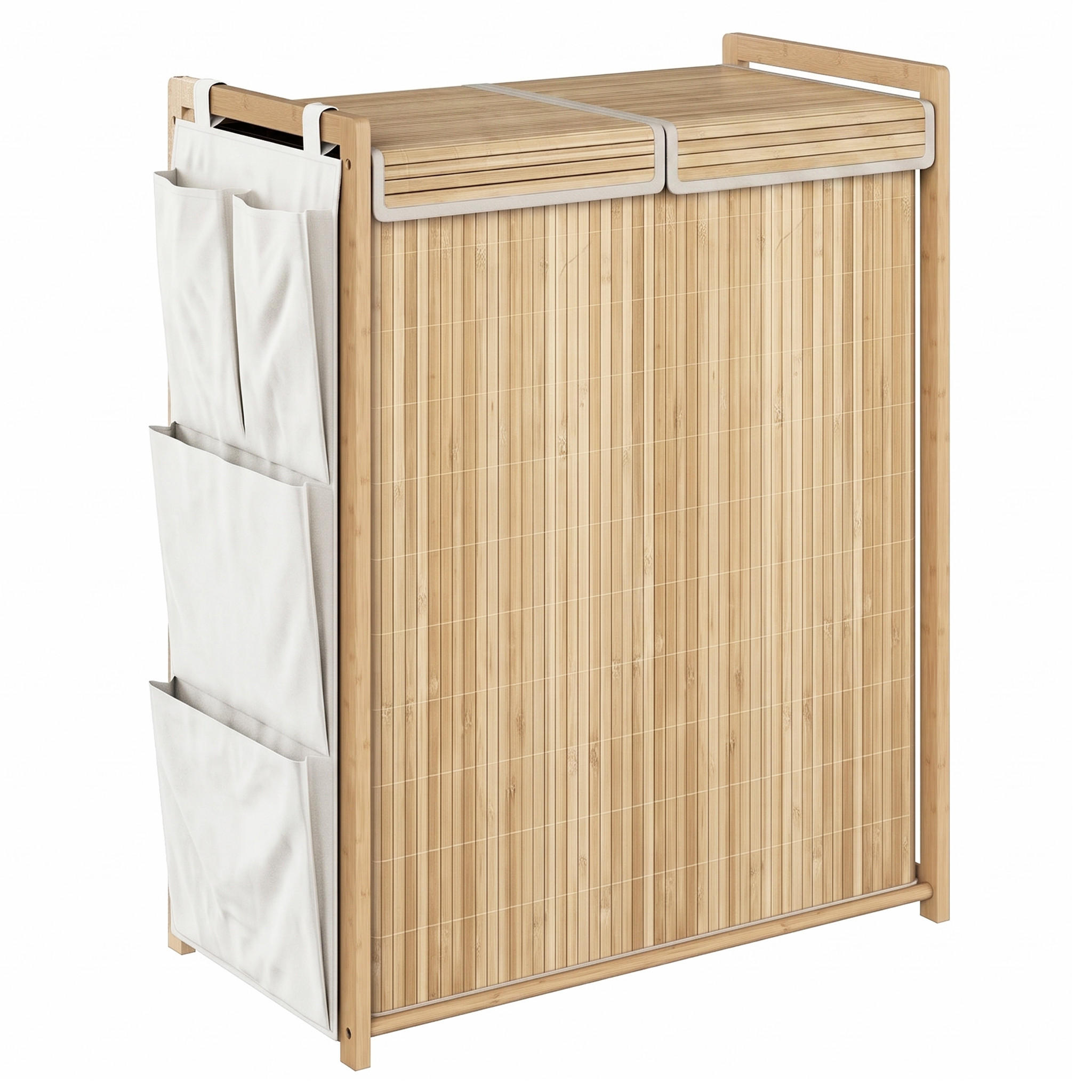 WÄSCHEKORB Bambus 120L mit Deckel, 2 Wäschesäcken & Seitentaschen Natur - Naturfarben, Naturmaterialien (63/78/33cm) - Urban Meuble
