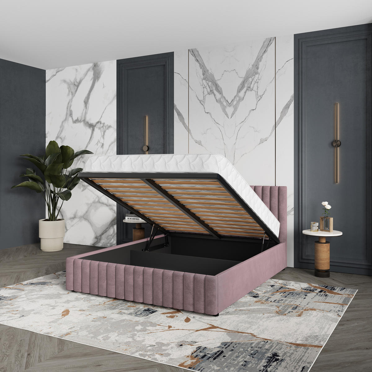 POLSTERBETT CARMIA 140x200 cm mit Bettkästen - Rosa - Rosa, Holz (140/200cm) - MASSENO