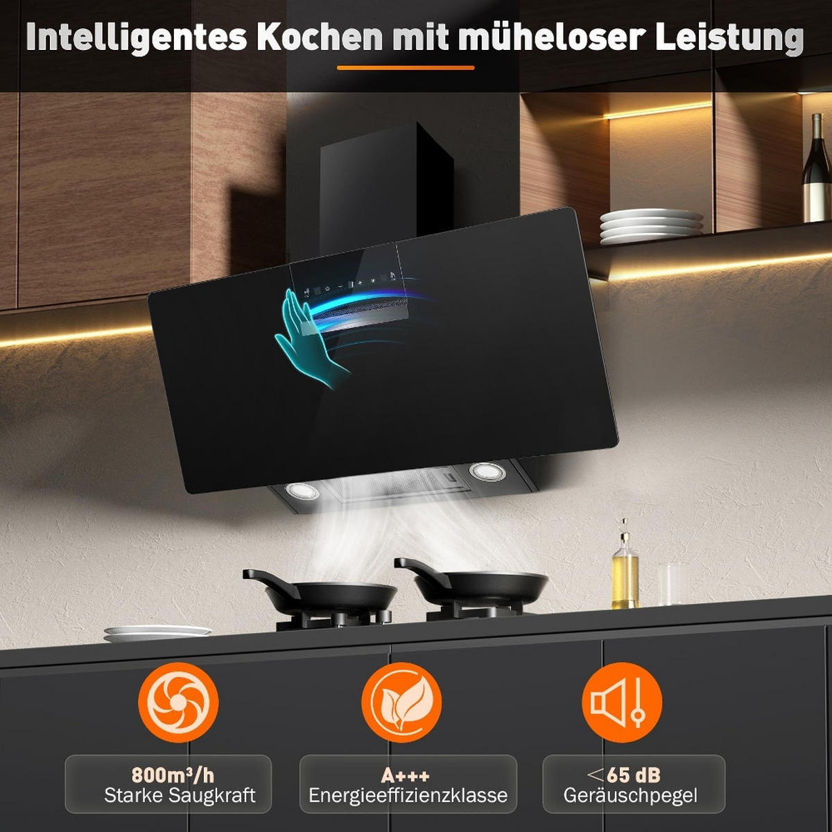 DUNSTABZUGSHAUBE, 800 M³/H SAUGKRAFT UND GESTENSTEUERUNG, Glas Schwarz, Kopffreie Wandhaube, 90 cm - Schwarz, Metall (43/48.51/96.01cm) - Rolipo