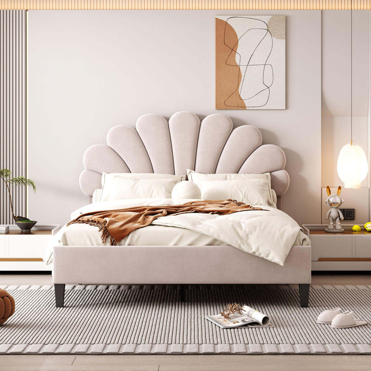 POLSTERBETT aus Samt 140x200 cm Beige mit Lattenrost und blumenförmigem Kopfteil - Beige, Textil (140/200cm) - Modfu