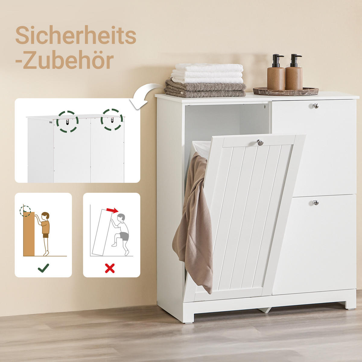 WÄSCHESCHRANK, Badschrank mit 3 Wäschesäcken, 78x38x90cm - Weiß, Holzwerkstoff (78/90/38cm) - SoBuy