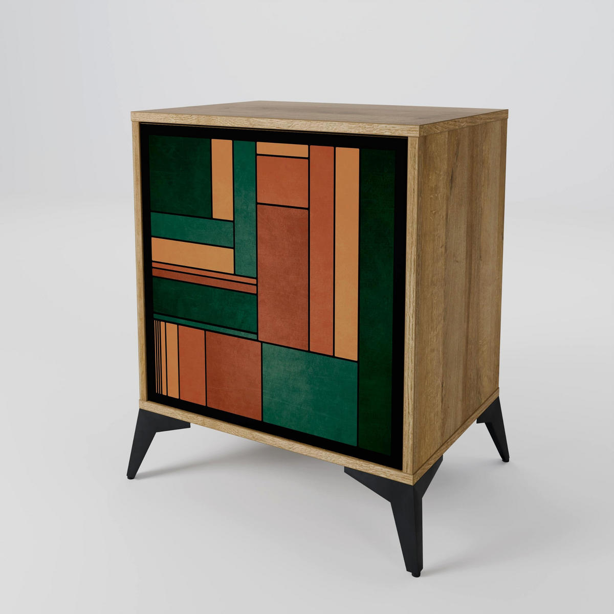 SIDEBOARD EARTHY FIGURES, Eichefarben, 57,5x42x72,5 cm, Schwarze Metallfüße - Eichefarben/Multicolor, Holzwerkstoff/Metall (57.5/72.5/42cm) - SpaceRebels