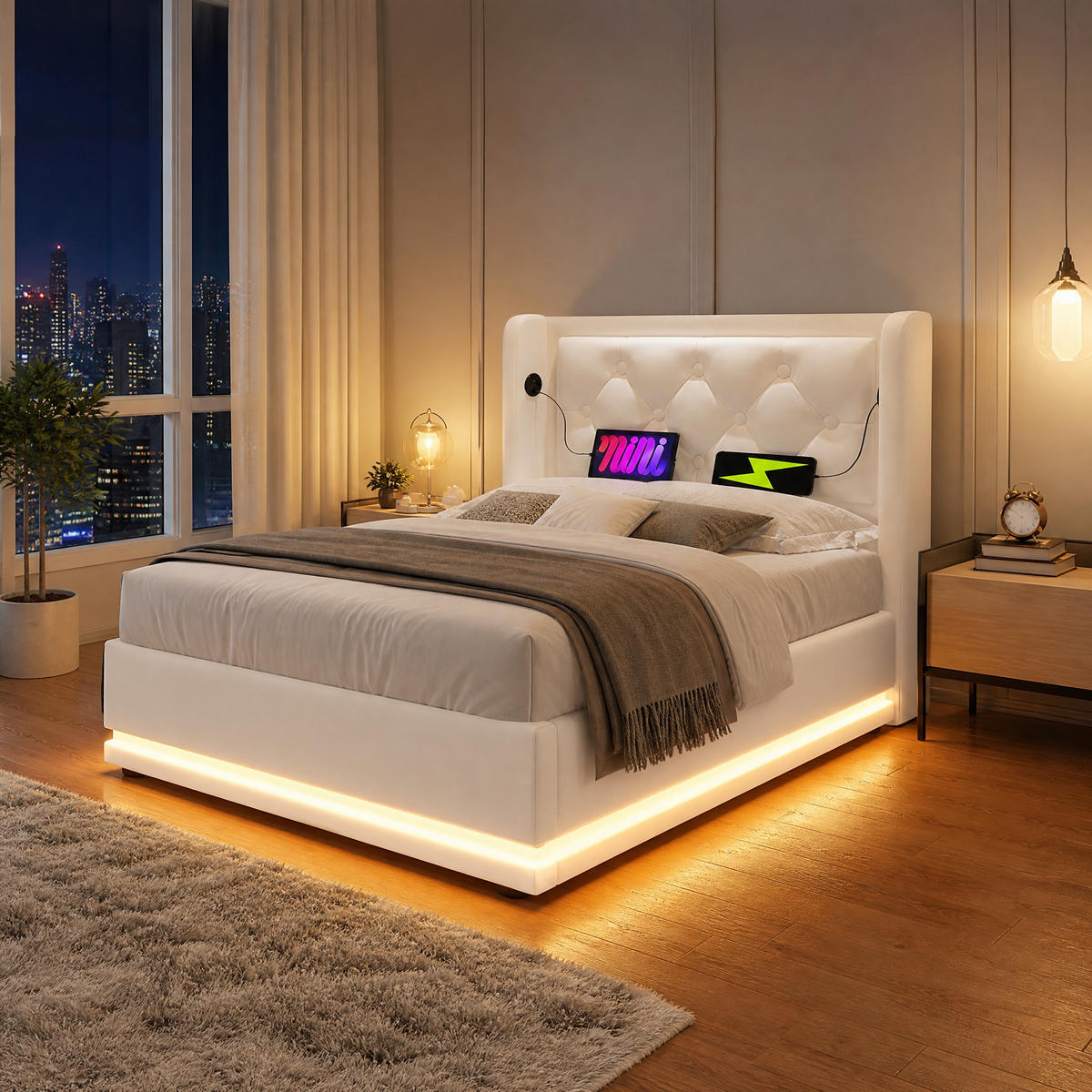 POLSTERBETT 90/200 cm in Weiß mit Bettkasten, LED, USB und Type-C Polsterbett - Weiß, Holzwerkstoff/Textil (90/200cm) - STILVORA