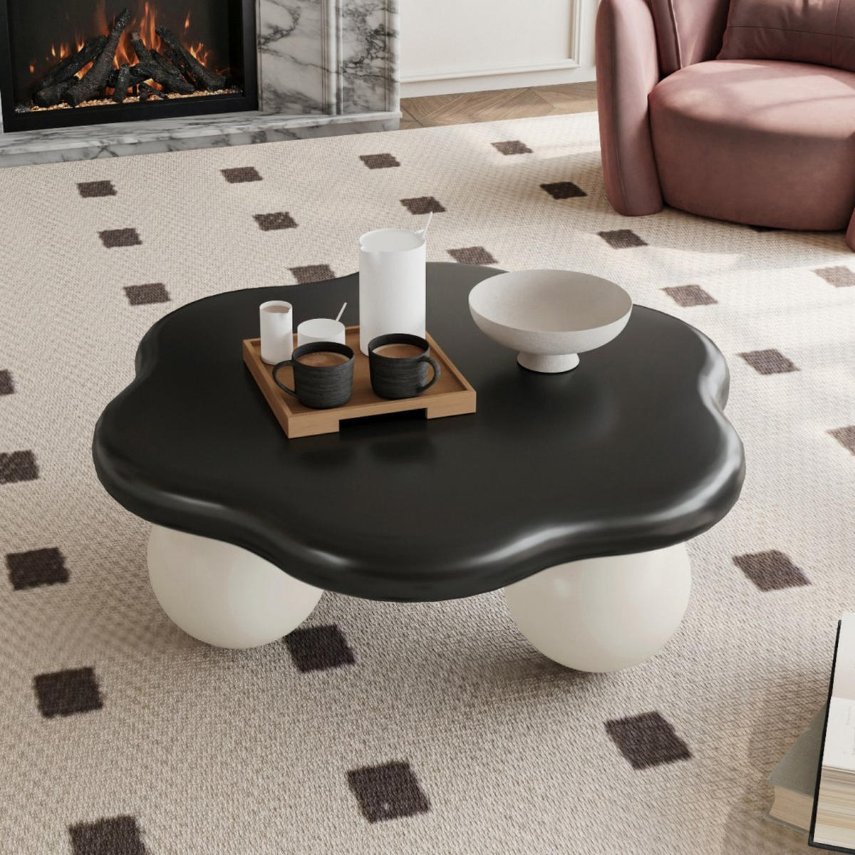 COUCHTISCH wolkenförmig 80 cm mit Kugelfüßen, Kontrast-Design Schwarz & Weiß, Beistelltisch für kleine Wohnungen - Schwarz/Weiß, Holzwerkstoff (79/79/31cm)