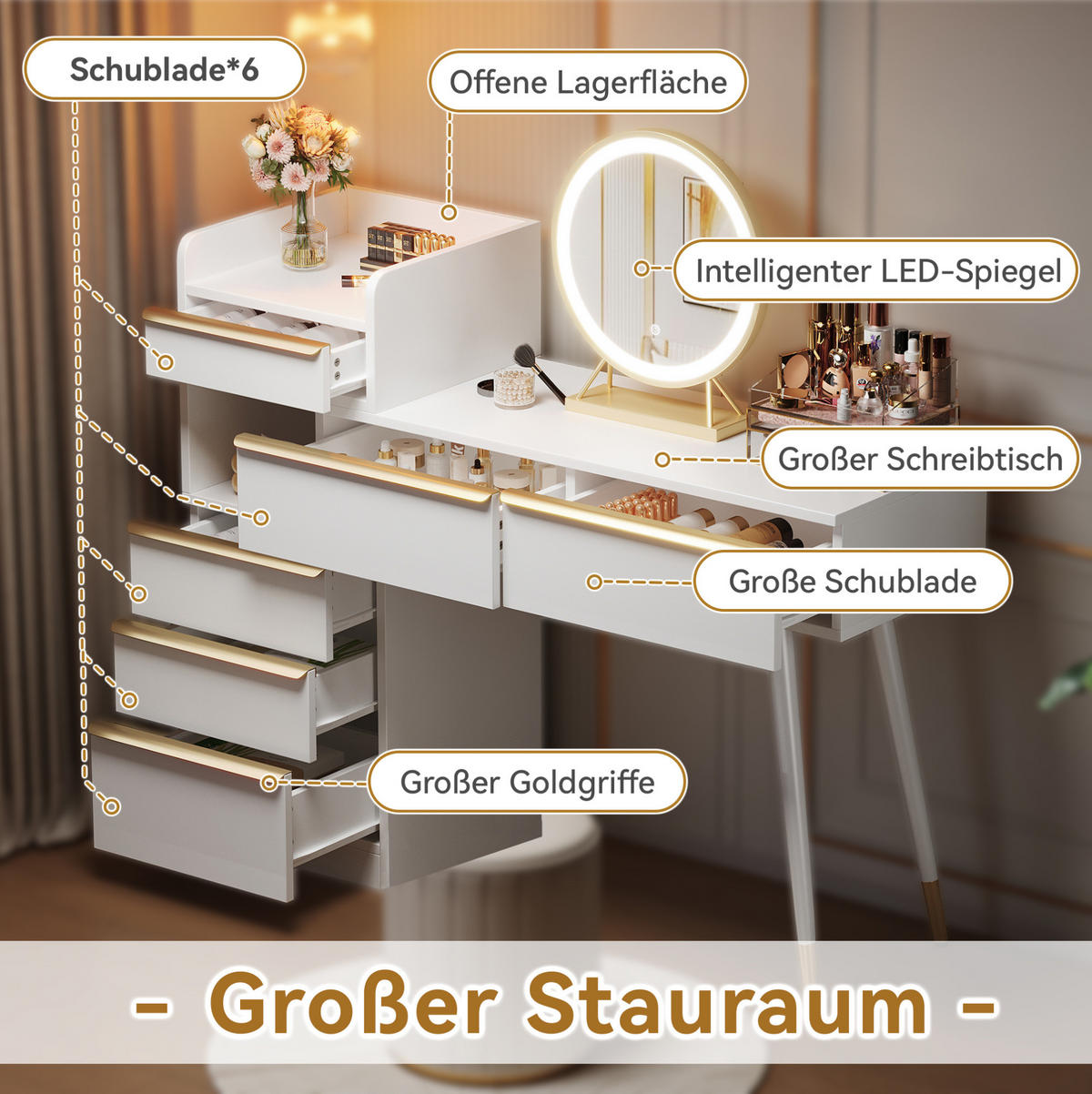 SCHMINKTISCH 100/41,5/102 cm in Weiß mit LED-Spiegel und 6 Schubladen - Weiß, Holzwerkstoff (41.5/102/100cm) - Flora Grace