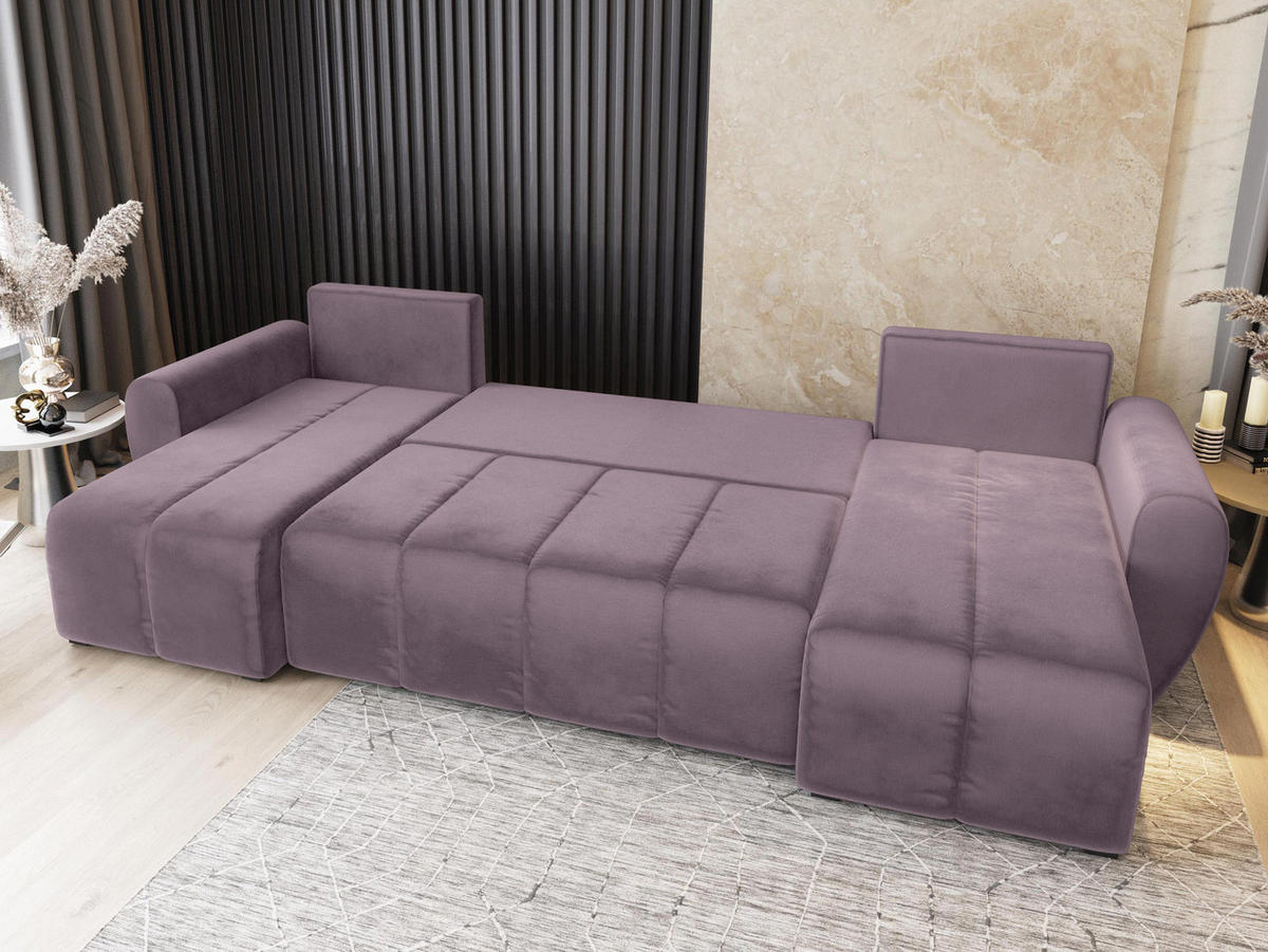 WOHNLANDSCHAFT MADISON U Rosa Plüsch-Stoff mit Schlaffunktion - Rosa, Holz (311/82/145cm) - MASSENO