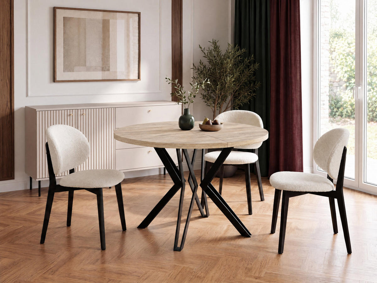 ESSTISCH Revena runder ausziehbarer, Sonoma Eiche 120-200/120/76 cm - Schwarz/Braun, Holzwerkstoff/Metall (120/200/76cm) - WFL GROUP
