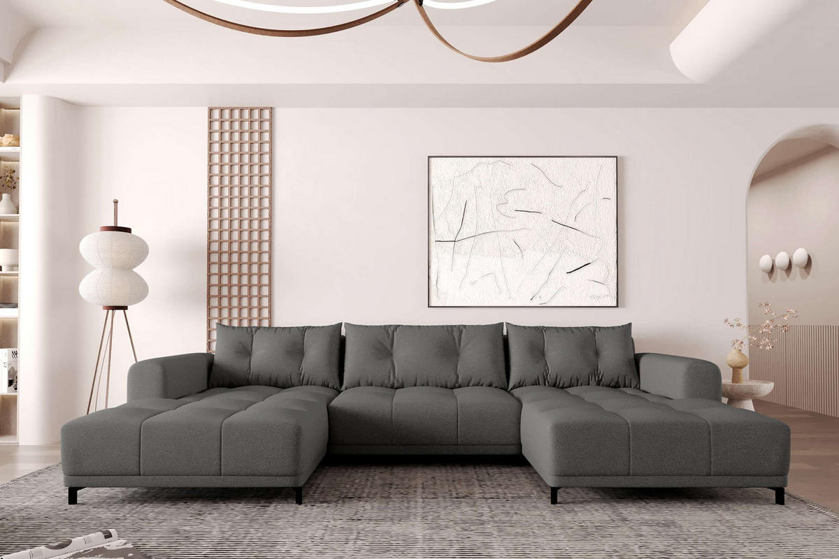 WOHNLANDSCHAFT Strukturstoff Anthrazit inkl. Schlaffunktion - Anthrazit/Schwarz, Textil/Metall (348/94/181cm) - 99rooms