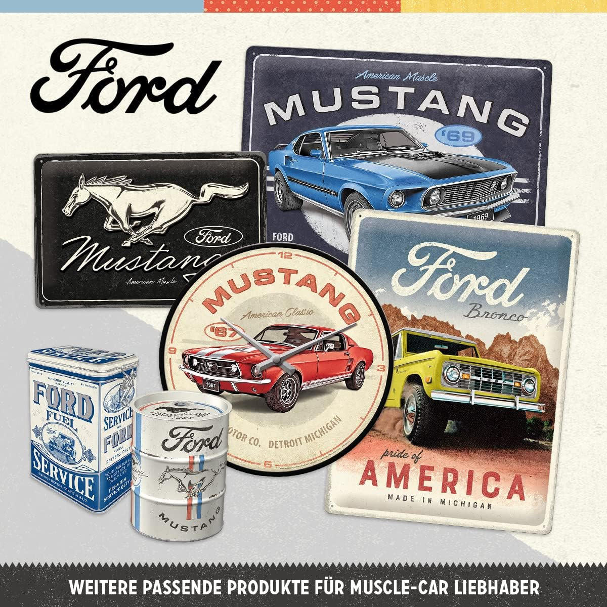 BLECHSCHILD 40/60 cm Ford Mustang GT 1967 Red - Multicolor, Metall (60/40/1cm) - Nostalgic-Art