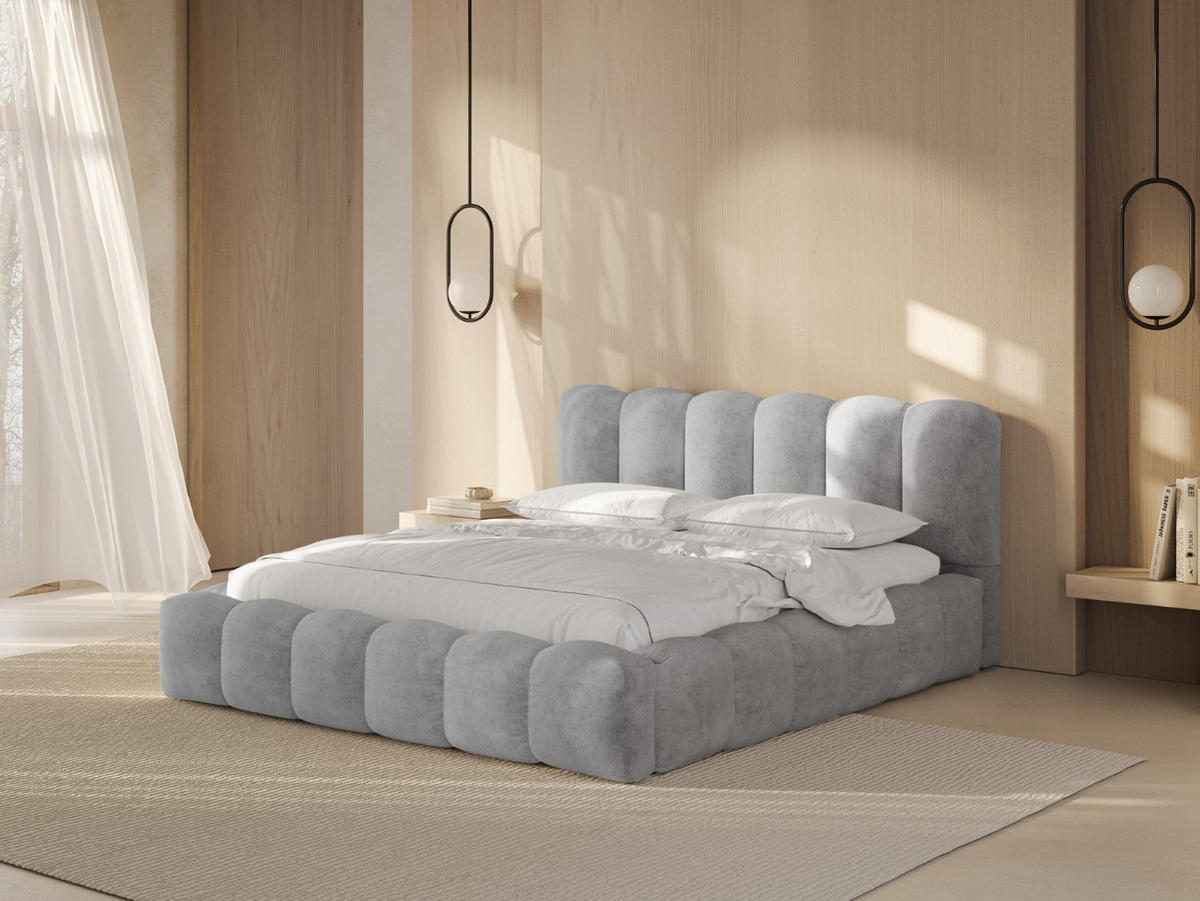 BETT mit Bettkasten und Kopfteil Lupine aus Chenille-Stoff silber 140x200cm - Silberfarben, Textil (140/200cm) - Micadoni