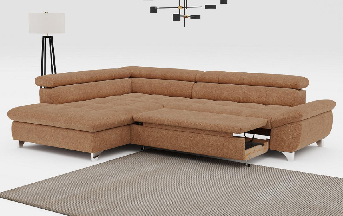ECKSOFA mit Schlaffunktion und verstellbare Kopflehnen - Cognac/Silberfarben, Textil/Metall (312/234cm) - Cotta