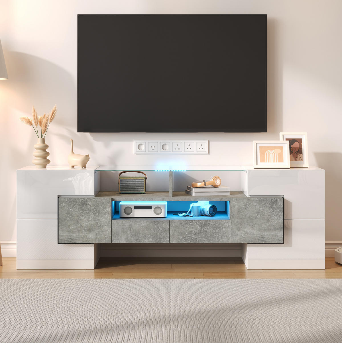 TV-SCHRANK mit LED-Beleuchtung 145 x 30 x 51 cm Weiß-Beton - Beige, Holzwerkstoff (30/51/145cm) - Beauniv
