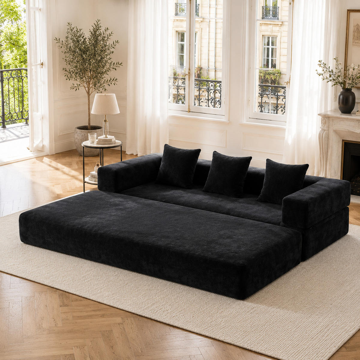 SCHLAFSOFA DE-33690 mit Seitentaschen Schwarz - Schwarz, Textil (198/60/79cm) - ComfortXL