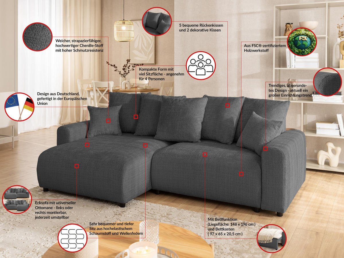 ECKSOFA Calma mit Schlaffunktion und Bettkasten im Bumpy-Design aus weichem Grau Chenille-Stoff - Ottomane links - Beige/Schwarz, Holz/Kunststoff (140/239cm) - S-Style Möbel